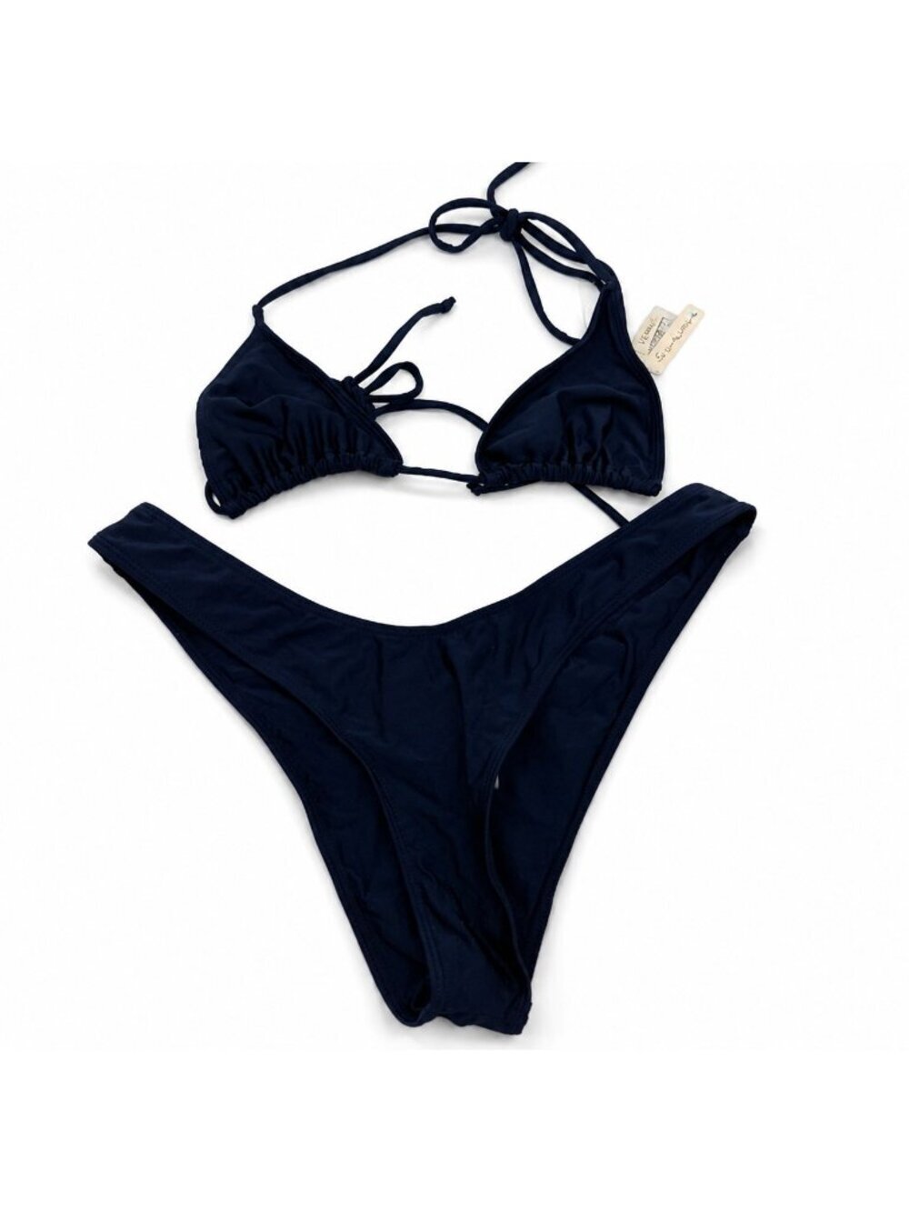 Lovers Friends Navy Blue Triangle Halter Cheeky Bikini Set Top XS Bottom M